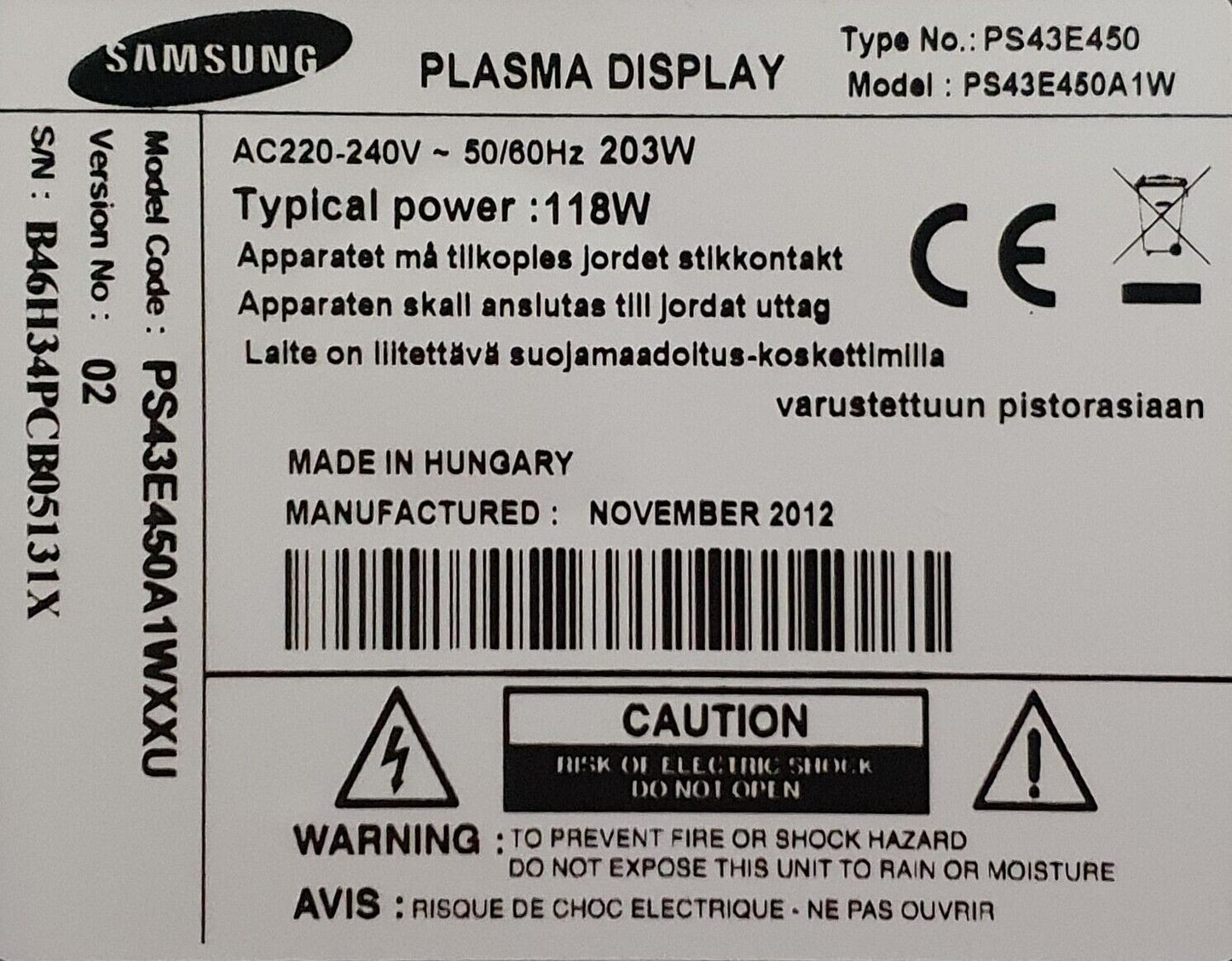 SAMSUNG PS43E450A1W HD READY 43" SLIM PLASMA TV 2x HDMI