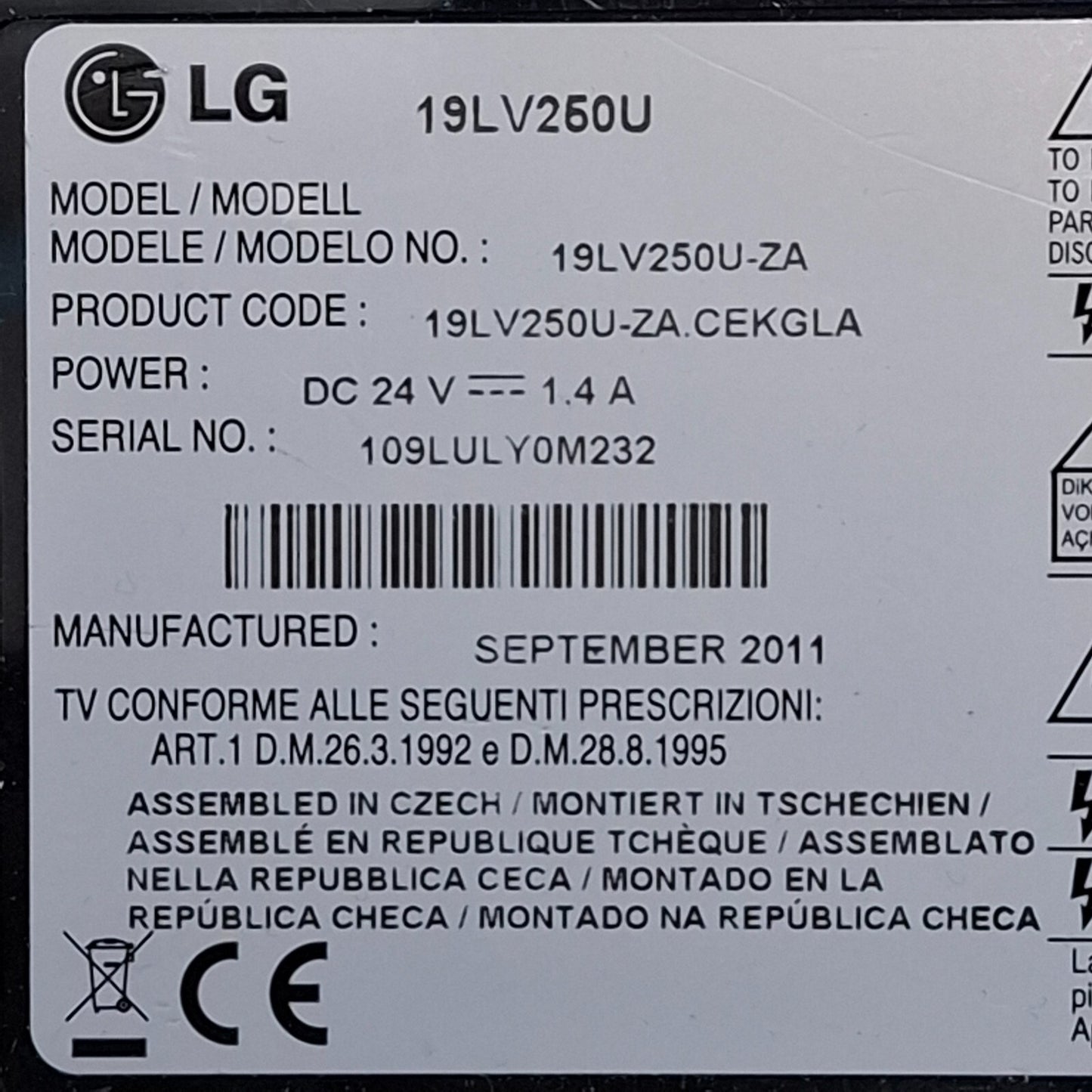 LG 19LV250U-ZA 19" HD Ready LED TV Monitor HDMI USB | NO STAND, NO ADAPTER