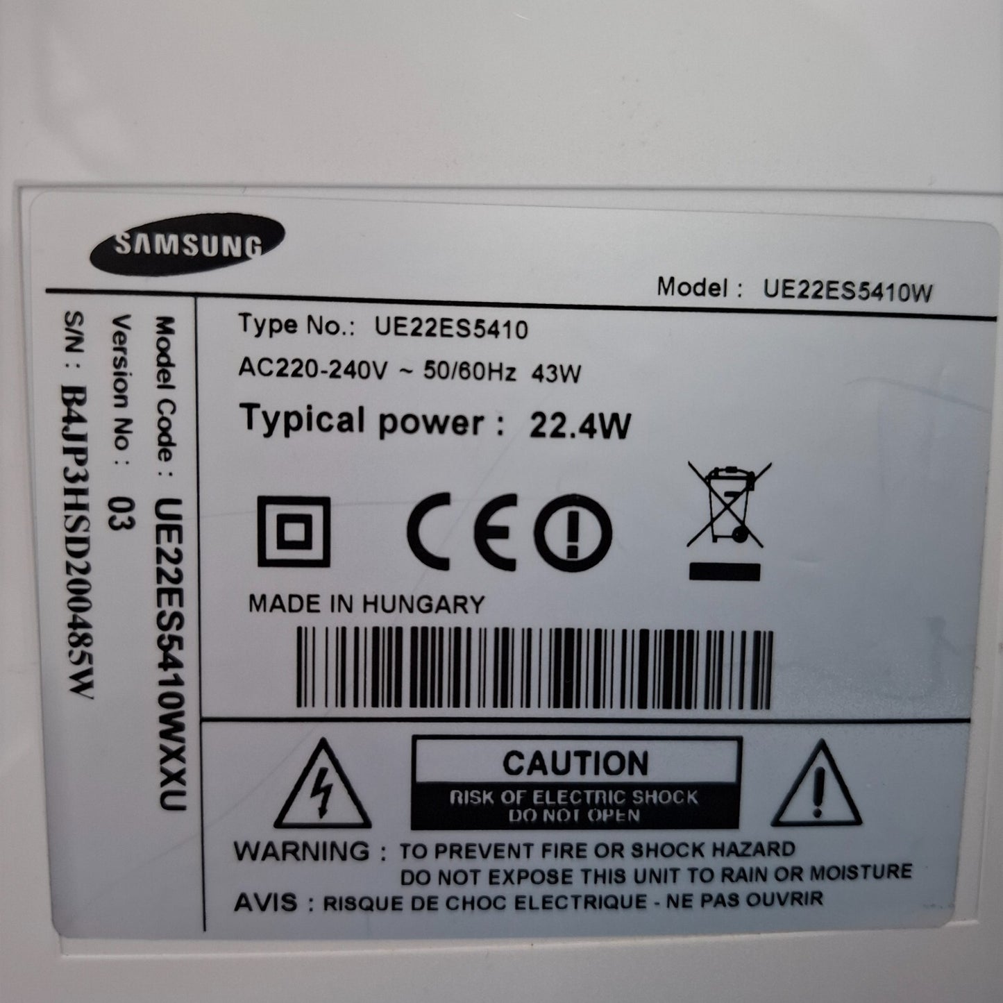 SAMSUNG UE22ES5410W 22" Full HD LED TV HDMI USB - White