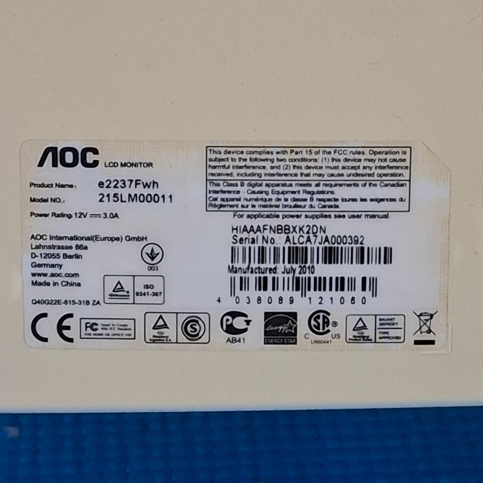 AOC E2237FWH 21.5" FULL HD 1080p LED MONITOR HDMI WITH BUILT IN SPEAKERS - WHITE