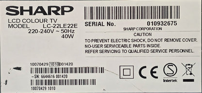 SHARP LC-22LE22E 22” Full HD LED TV HDMI USB - Black | READ DESC