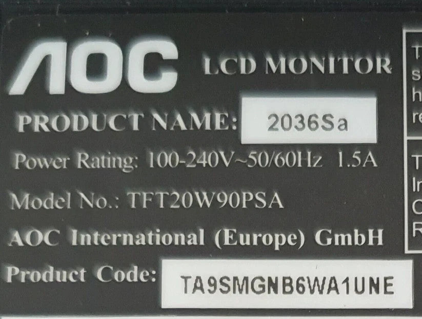 AOC 2036SA 20" 1600 x 900 WIDESCREEN LCD MONITOR VGA