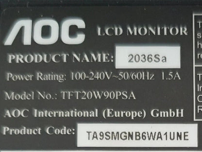 AOC 2036SA 20" 1600 x 900 WIDESCREEN LCD MONITOR VGA